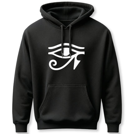 Black hoodie featuring the Eye of Ra symbol graphic. Ancient Egyptian mythology apparel.