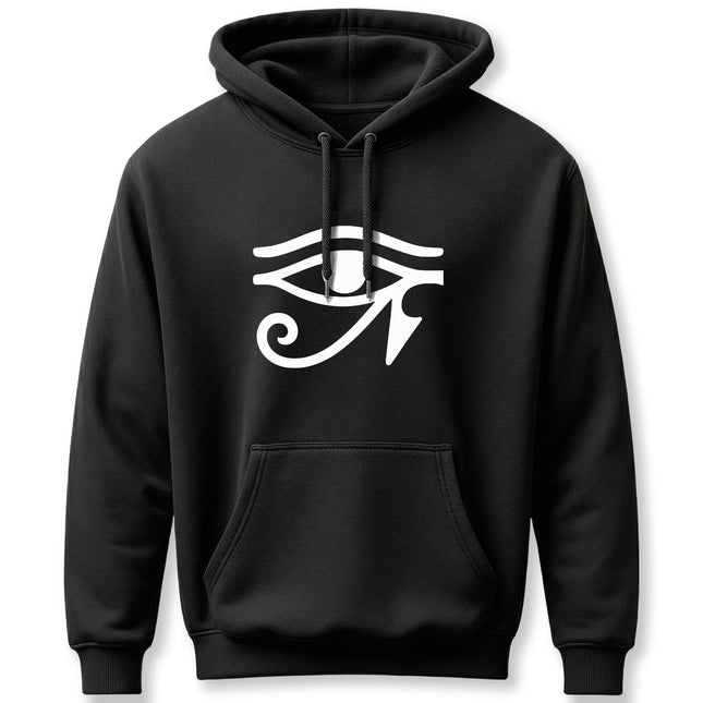 Black hoodie featuring the Eye of Ra symbol graphic. Ancient Egyptian mythology apparel.