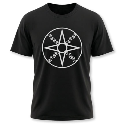 Mesopotamian Shamash sun symbol graphic on a black unisex t-shirt.
