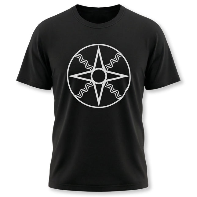 Mesopotamian Shamash sun symbol graphic on a black unisex t-shirt.
