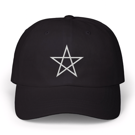 Black dad hat featuring a white embroidered pentagram symbol.