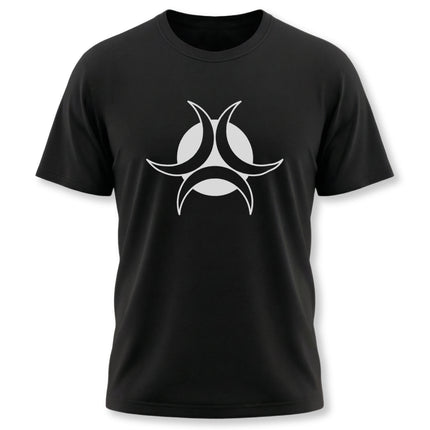 Black t-shirt featuring the white Triple Moon Goddess symbol for pagan or witch apparel.