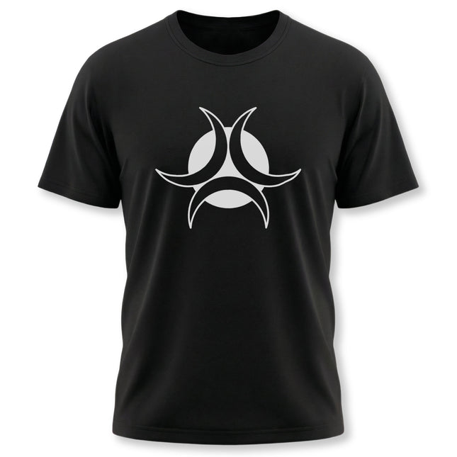 Black t-shirt featuring the white Triple Moon Goddess symbol for pagan or witch apparel.