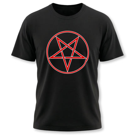 Red inverted pentagram pentacle symbol on a black occult graphic tee.