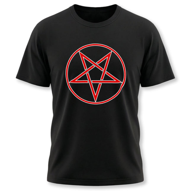 Red inverted pentagram pentacle symbol on a black occult graphic tee.