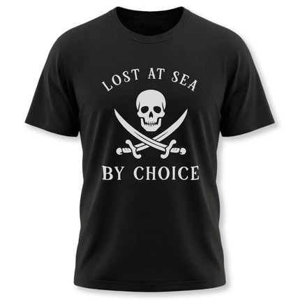 Lost At Sea By Choice graphic tee featuring a skull and crossed swords design.