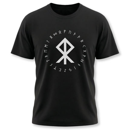 Black Norse rune t-shirt featuring a white circular design of the Elder Futhark alphabet and protective symbols.