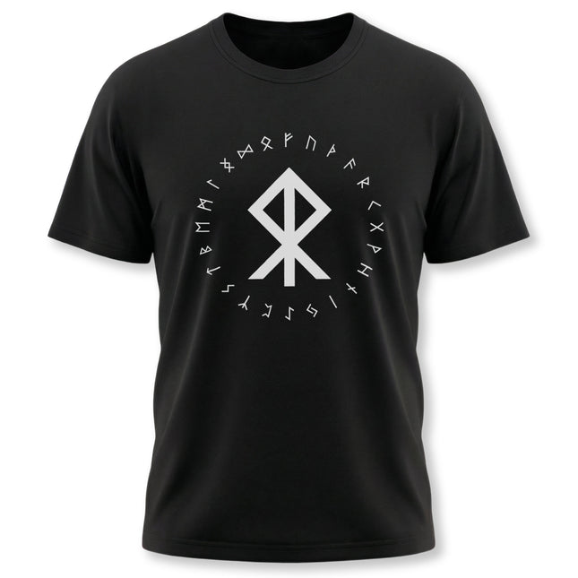 Black Norse rune t-shirt featuring a white circular design of the Elder Futhark alphabet and protective symbols.