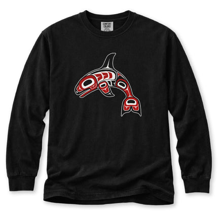Formline Whale Long Sleeve T-Shirt | Curved Red and White Design Tee