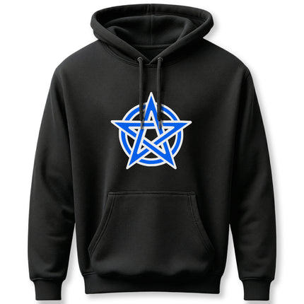 Blue pentagram pentacle symbol graphic on a black occult hoodie.