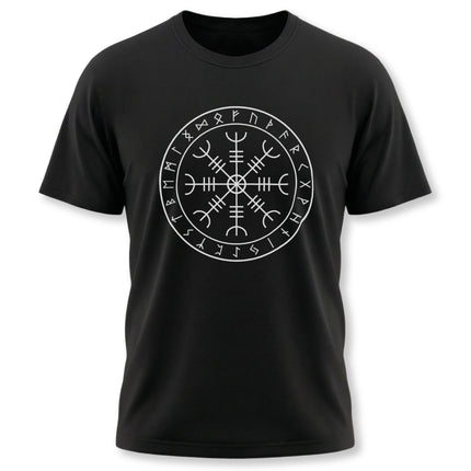 Viking Aegishjalmur rune circle graphic tee on a black t-shirt. Norse mythology design.