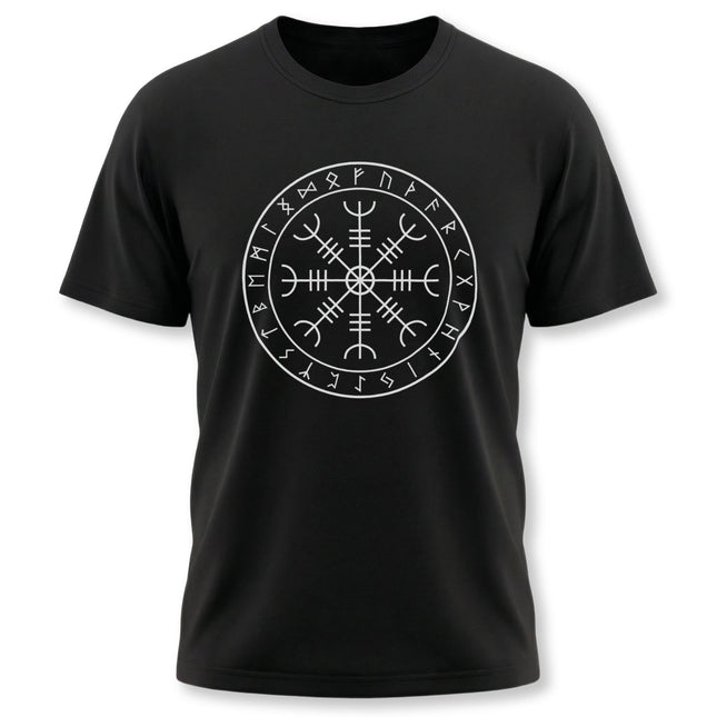 Viking Aegishjalmur rune circle graphic tee on a black t-shirt. Norse mythology design.
