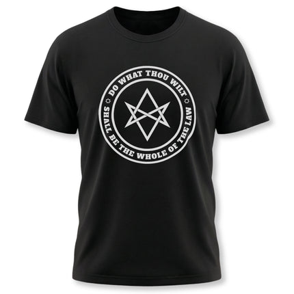 Do What Thou Wilt" Thelema hexagram graphic tee featuring the occult law on a black shirt.
