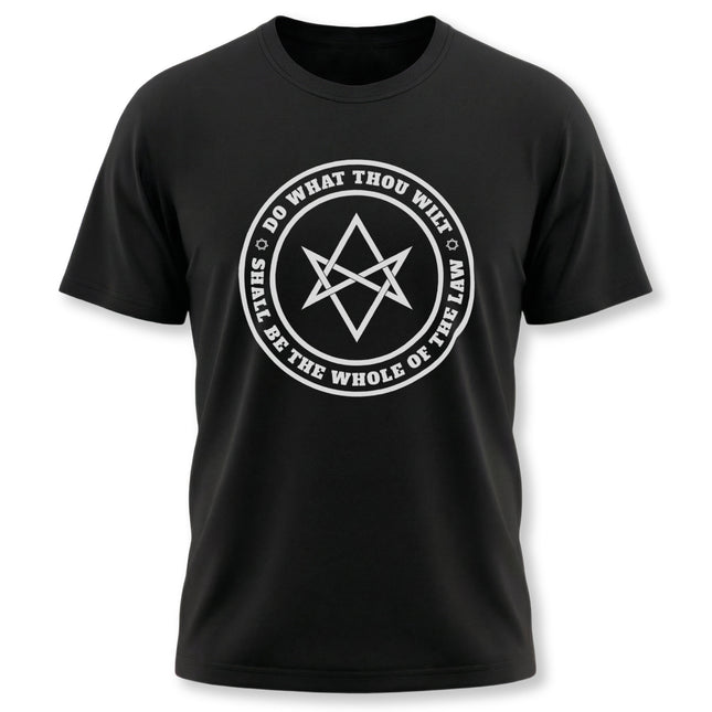 Do What Thou Wilt" Thelema hexagram graphic tee featuring the occult law on a black shirt.