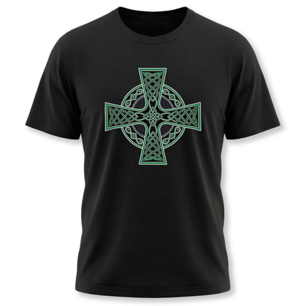 Black t-shirt featuring a detailed green Celtic Cross knotwork design.