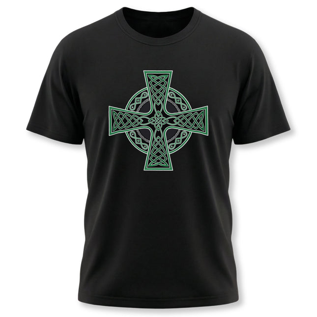 Black t-shirt featuring a detailed green Celtic Cross knotwork design.