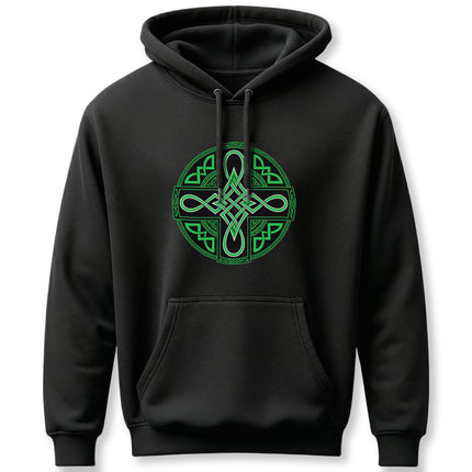 Green Celtic Cross knotwork symbol printed on a black pullover hoodie.