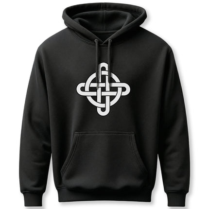Black hoodie featuring a white Celtic knotwork cross symbol graphic.