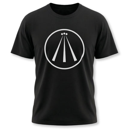 Black t-shirt featuring the white Awen Celtic symbol, representing divine inspiration and Welsh heritage.