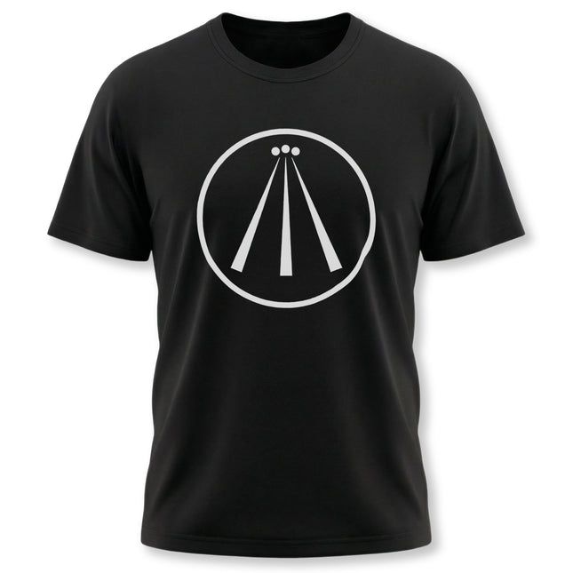 Black t-shirt featuring the white Awen Celtic symbol, representing divine inspiration and Welsh heritage.