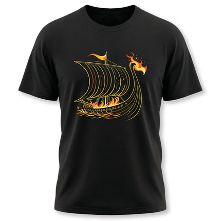 Fiery Viking longship graphic printed on a black t-shirt.