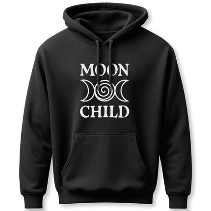 Black hoodie with "Moon Child" text and triple moon goddess symbol print.