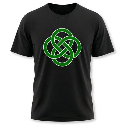 Green Celtic knotwork graphic on a black unisex t-shirt.