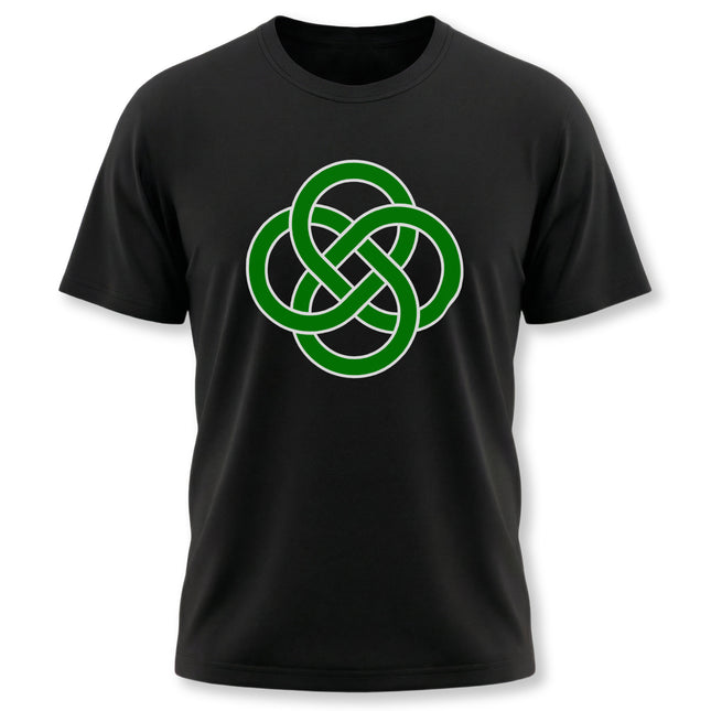Green Celtic knotwork graphic on a black unisex t-shirt.