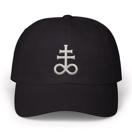 Black baseball cap featuring white embroidered esoteric cross and infinity symbol.