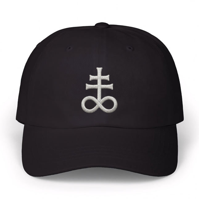 Black baseball cap featuring white embroidered esoteric cross and infinity symbol.
