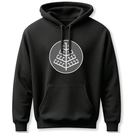 Norse Yggdrasil World Tree graphic on a black pullover hoodie.