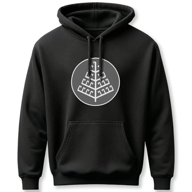 Norse Yggdrasil World Tree graphic on a black pullover hoodie.
