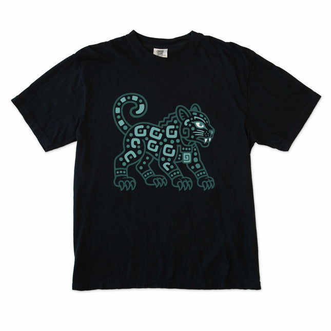 Mayan jaguar graphic tee featuring turquoise Mesoamerican tribal art design.
