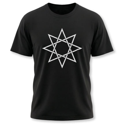 Sacred geometry octagram star graphic on a black unisex t-shirt.