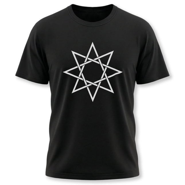 Sacred geometry octagram star graphic on a black unisex t-shirt.