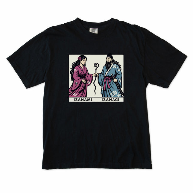 Graphic t-shirt featuring Izanami and Izanagi, Japanese shinto mythology gods design.