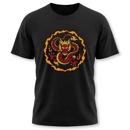 Red Chinese dragon graphic on black t-shirt, symbolizing power, strength, and good luck.