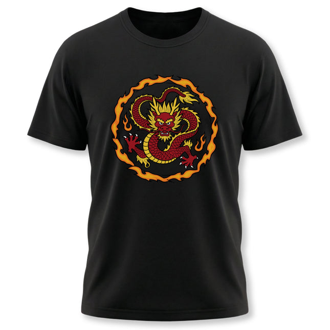 Red Chinese dragon graphic on black t-shirt, symbolizing power, strength, and good luck.