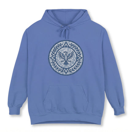 Circular mosaic eagle and laurel wreath design print on a blue hoodie.