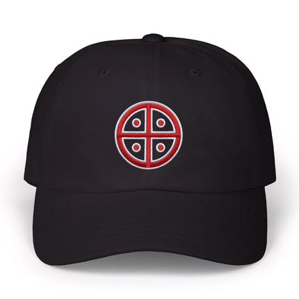 Embroidered solar cross symbol on a black unisex baseball cap.