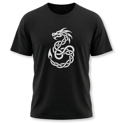 Celtic dragon knotwork graphic on a black t-shirt. Features intricate white Celtic knotwork design.