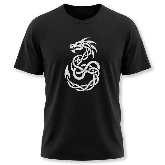 Celtic dragon knotwork graphic on a black t-shirt. Features intricate white Celtic knotwork design.