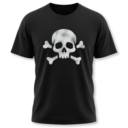 Distressed skull and crossbones graphic on a black t-shirt. Pirate jolly roger style.