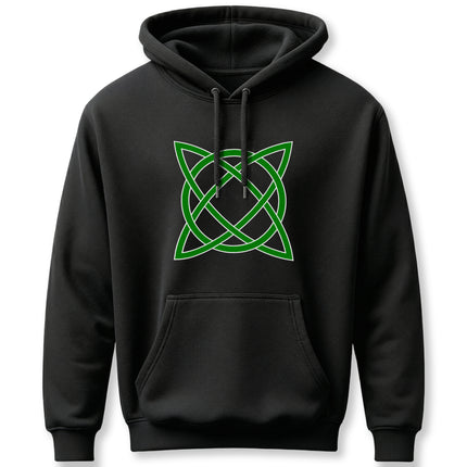 Green Celtic knotwork symbol printed on a black unisex hoodie.