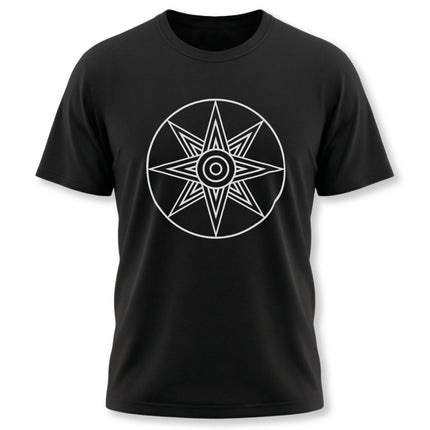 Black t-shirt featuring the white Star of Ishtar symbol, a Mesopotamian goddess graphic tee design.