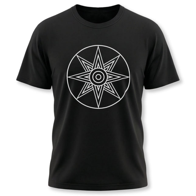 Black t-shirt featuring the white Star of Ishtar symbol, a Mesopotamian goddess graphic tee design.