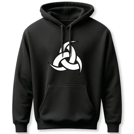 Norse Odin's horns symbol graphic on a black Viking hoodie.