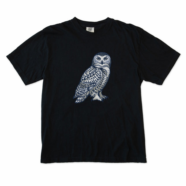 Geometric Inuit-inspired arctic owl graphic tee shirt for unisex wear.