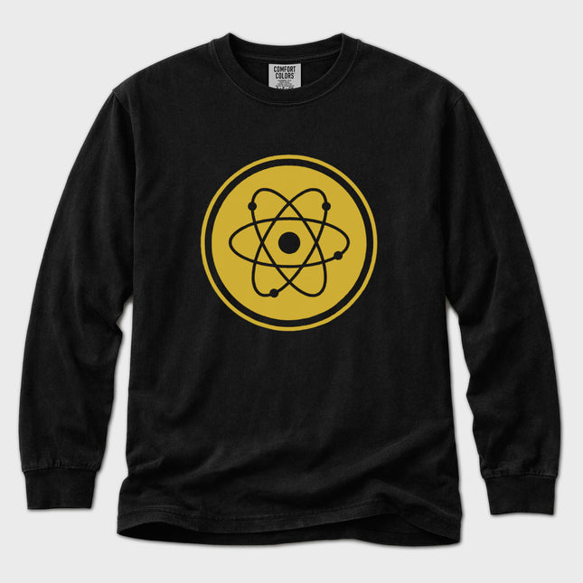 Yellow long sleeve t-shirt featuring an atomic orbit science symbol graphic design.