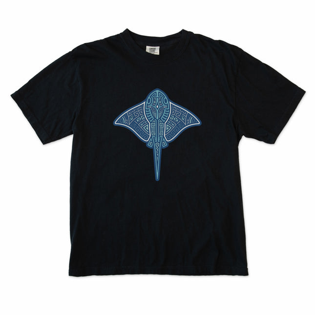 Geometric tribal stingray design printed on a blue ocean themed unisex t-shirt.